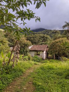 A small structure with tiled roof in a green mountain setting.