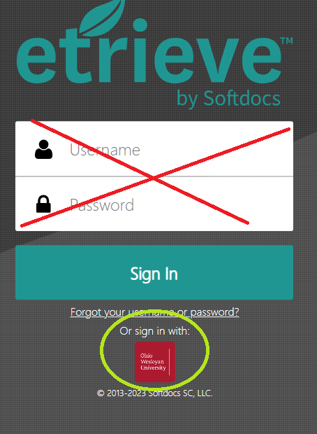Use OWU SSO login at bottom, not username / password at top.